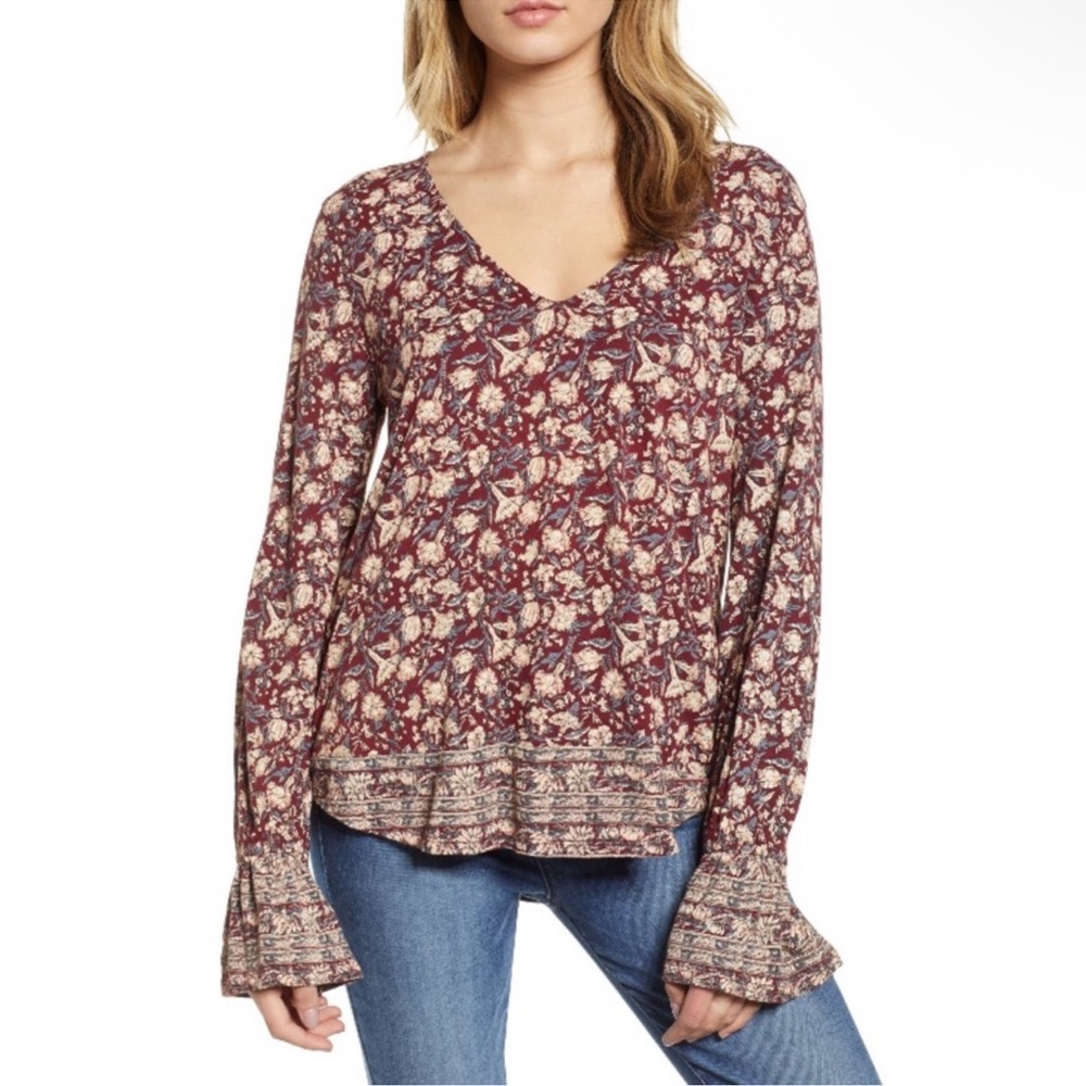 Lucky Brand Boho Burgundy Long Sleeve‎ V Neck Floral Blouse Top Size Large